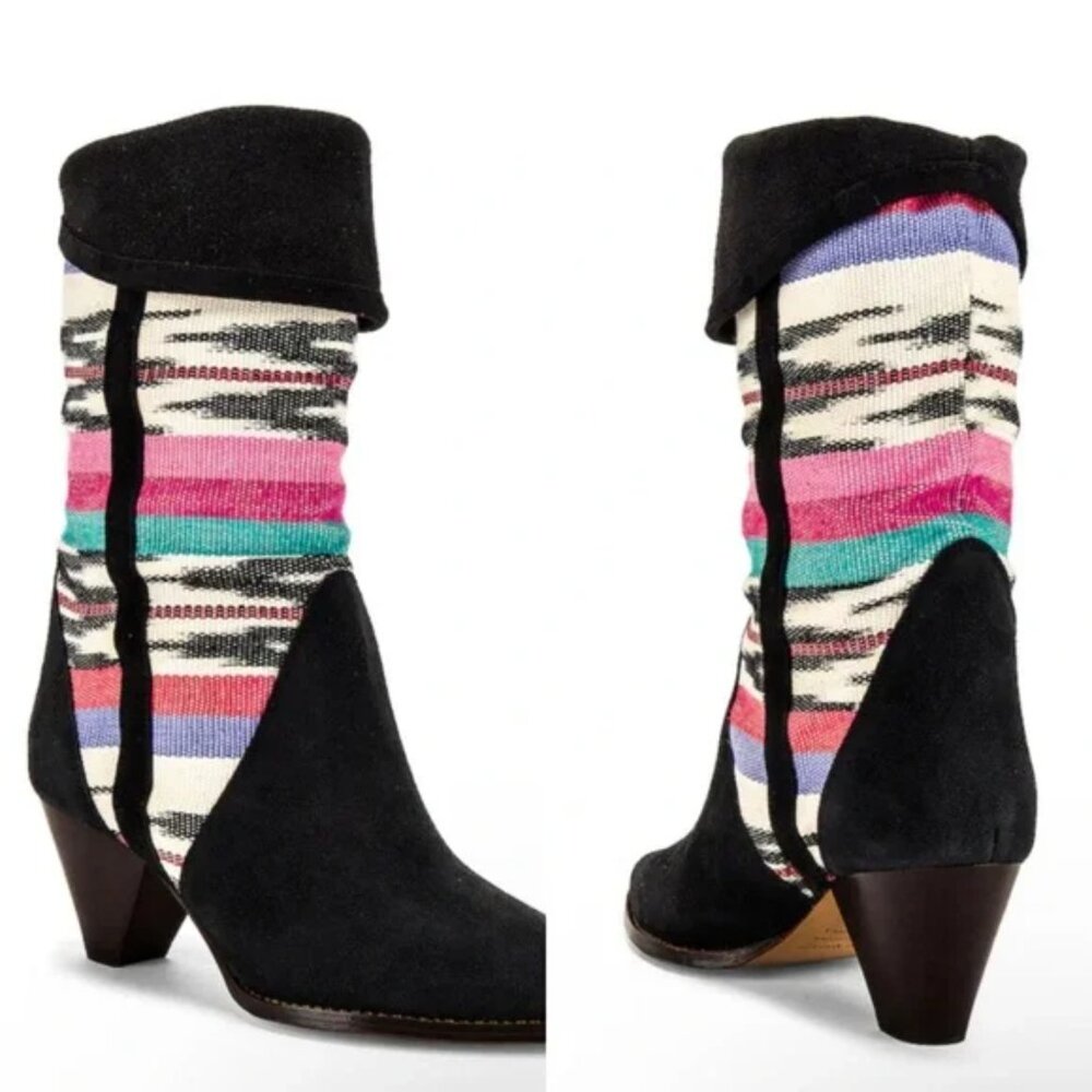 Isabel Marant Black Suede Calf Skin Leather Women's Cow Boy Boots Navajo Print 8
